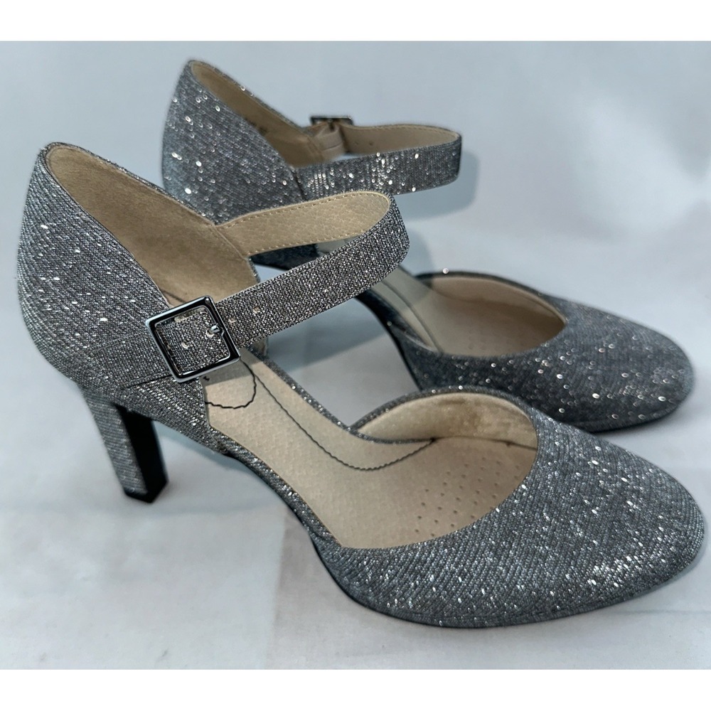 LIFE STRIDE JEAN Ankle Strap D'Orsay Pumps Pewter Stiletto 7.5 NEW Shimmer